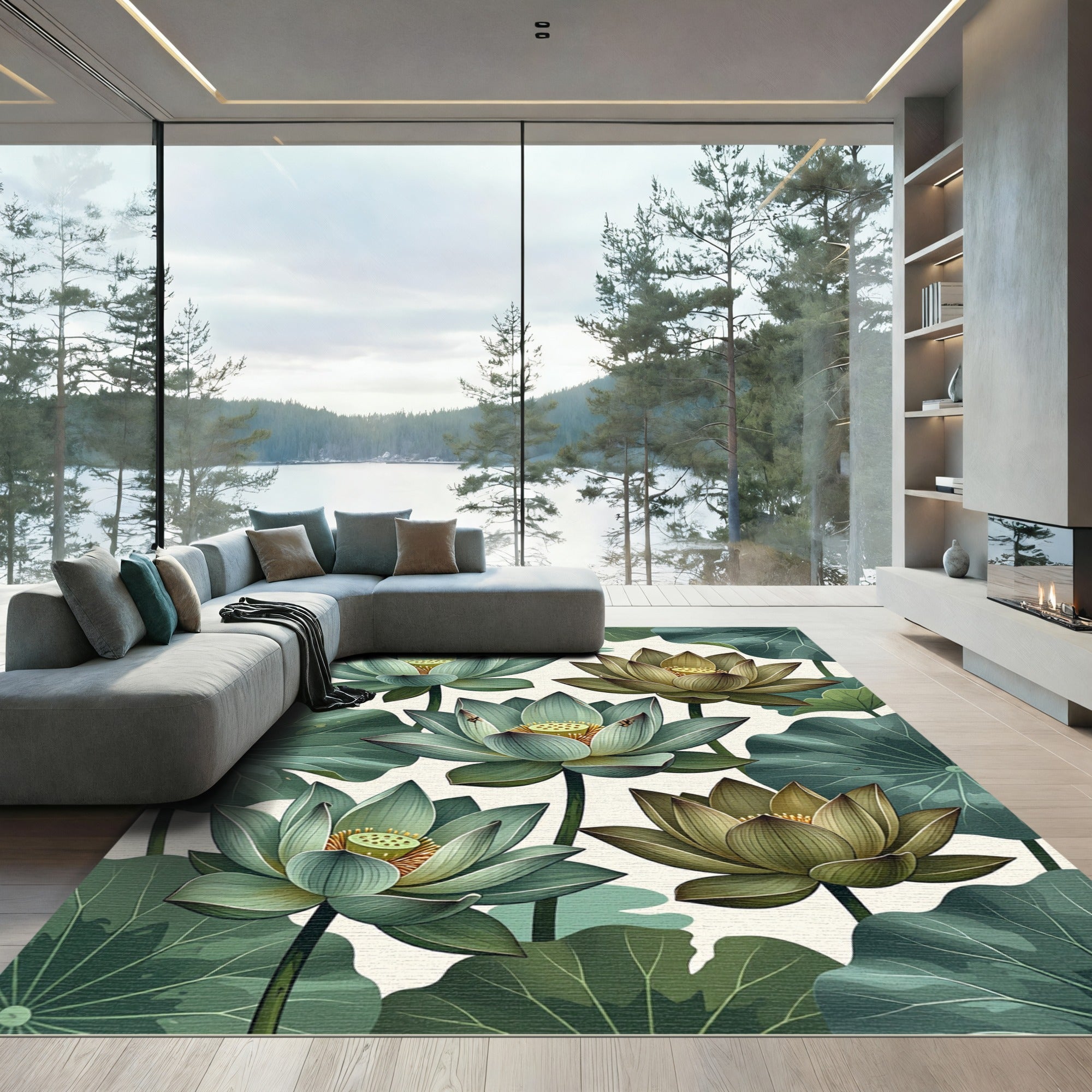 Botanical Sage Lotus Water Lily Garden Rug