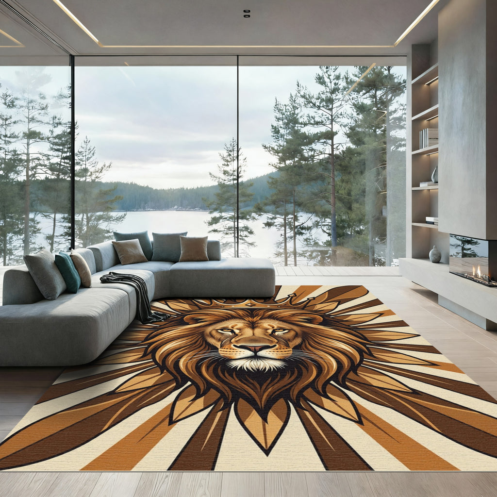 Regal Golden Lion Crown Statement Art Rug