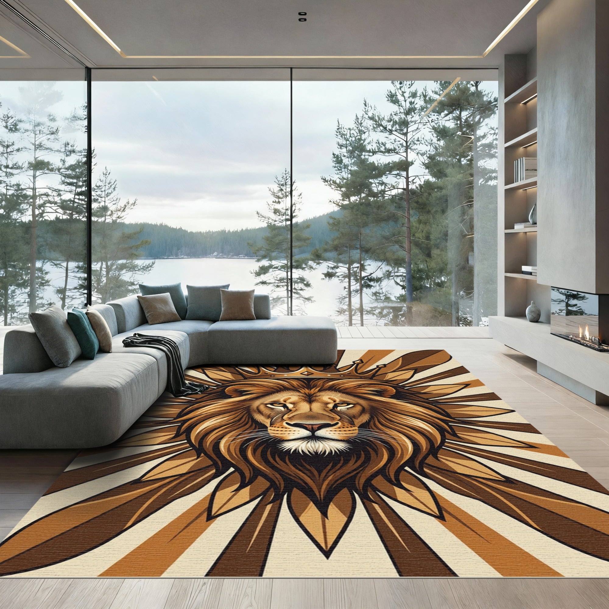 Regal Golden Lion Crown Statement Art Rug
