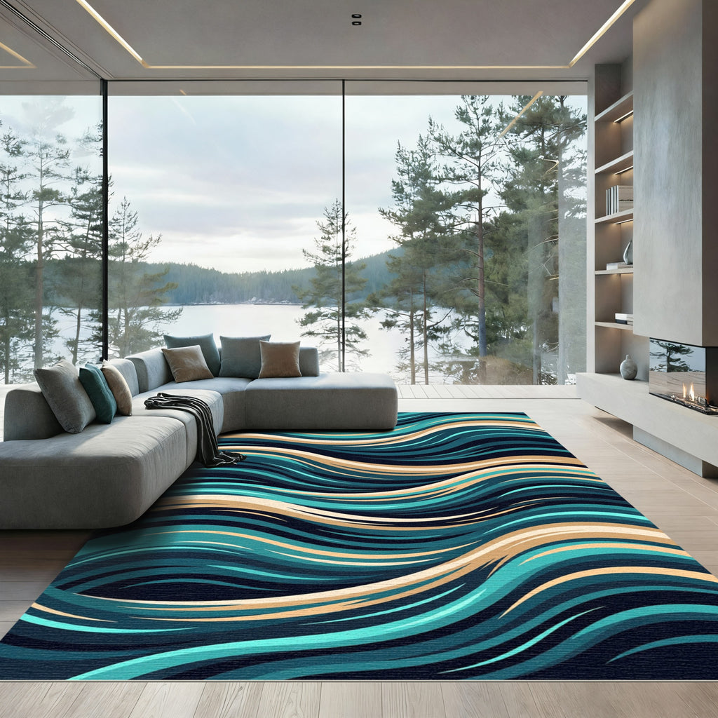 Teal and Sand Abstract Wavy Swirl Rug