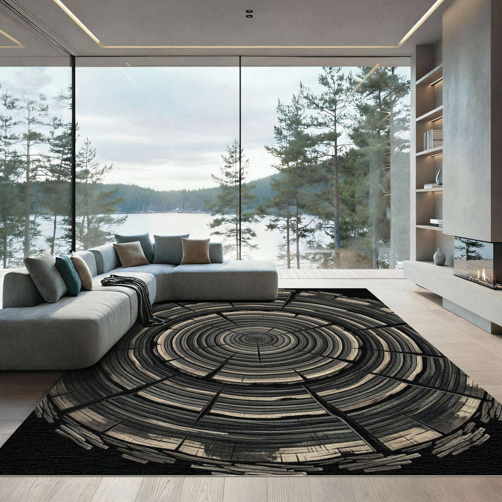 Dark Gray Wood Grain Rings Rug