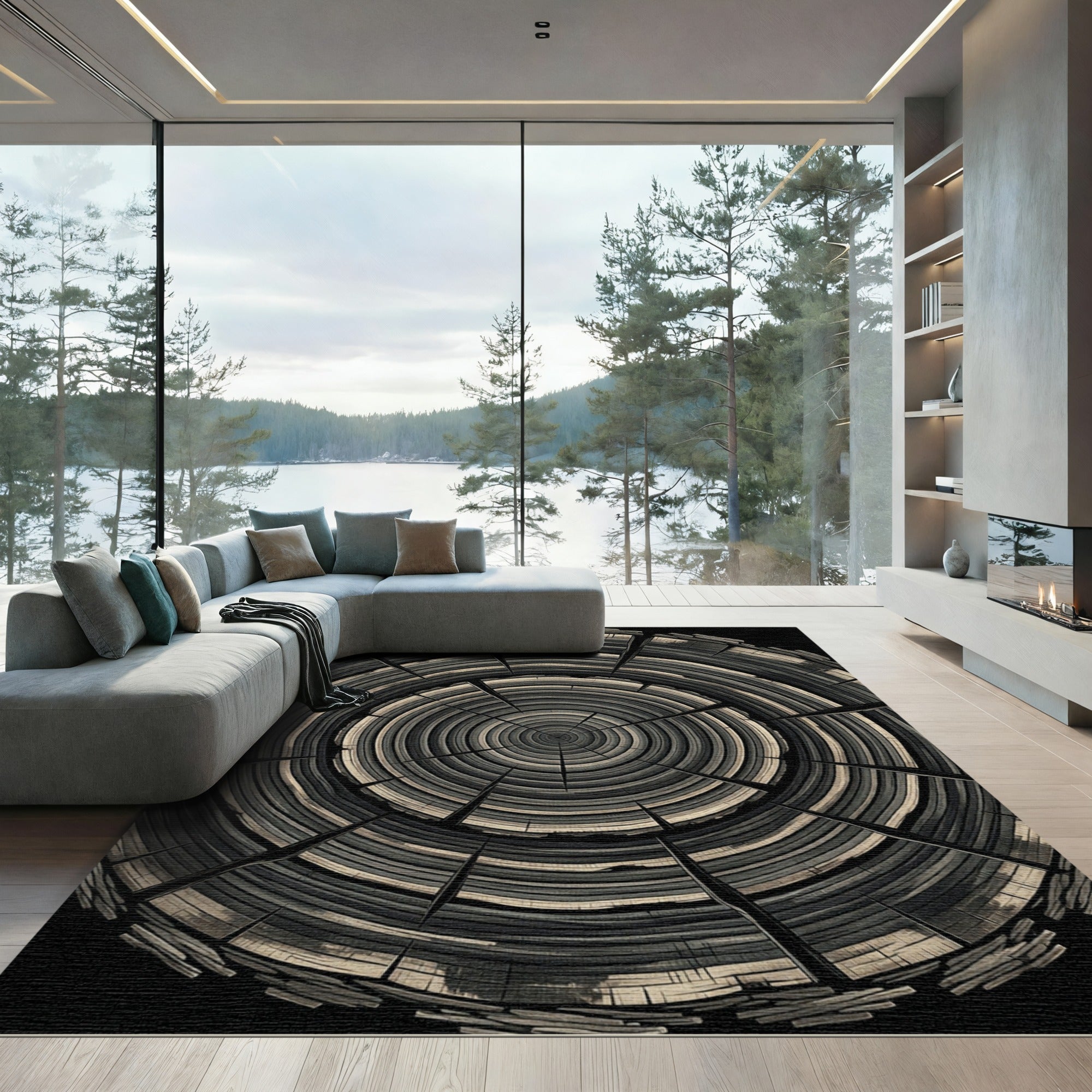 Dark Gray Wood Grain Rings Rug