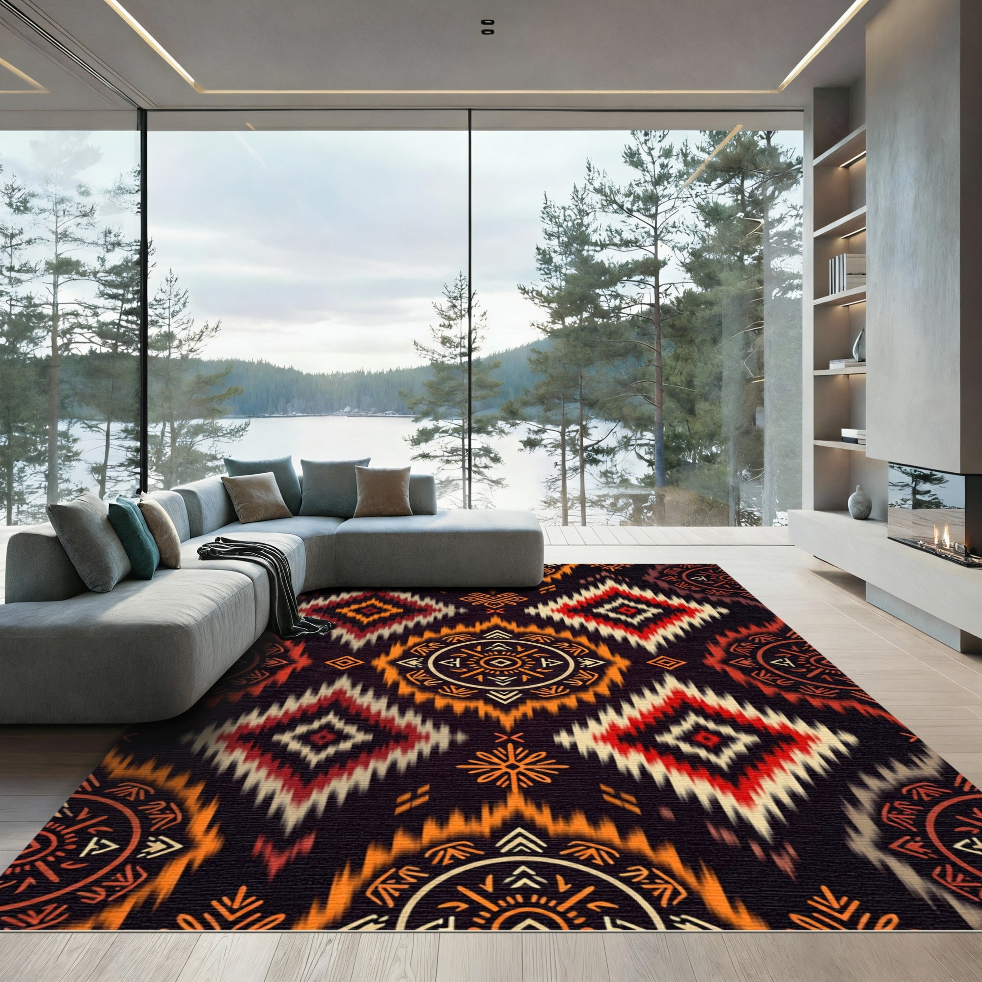 Bold Orange Red Tribal Diamond Rug