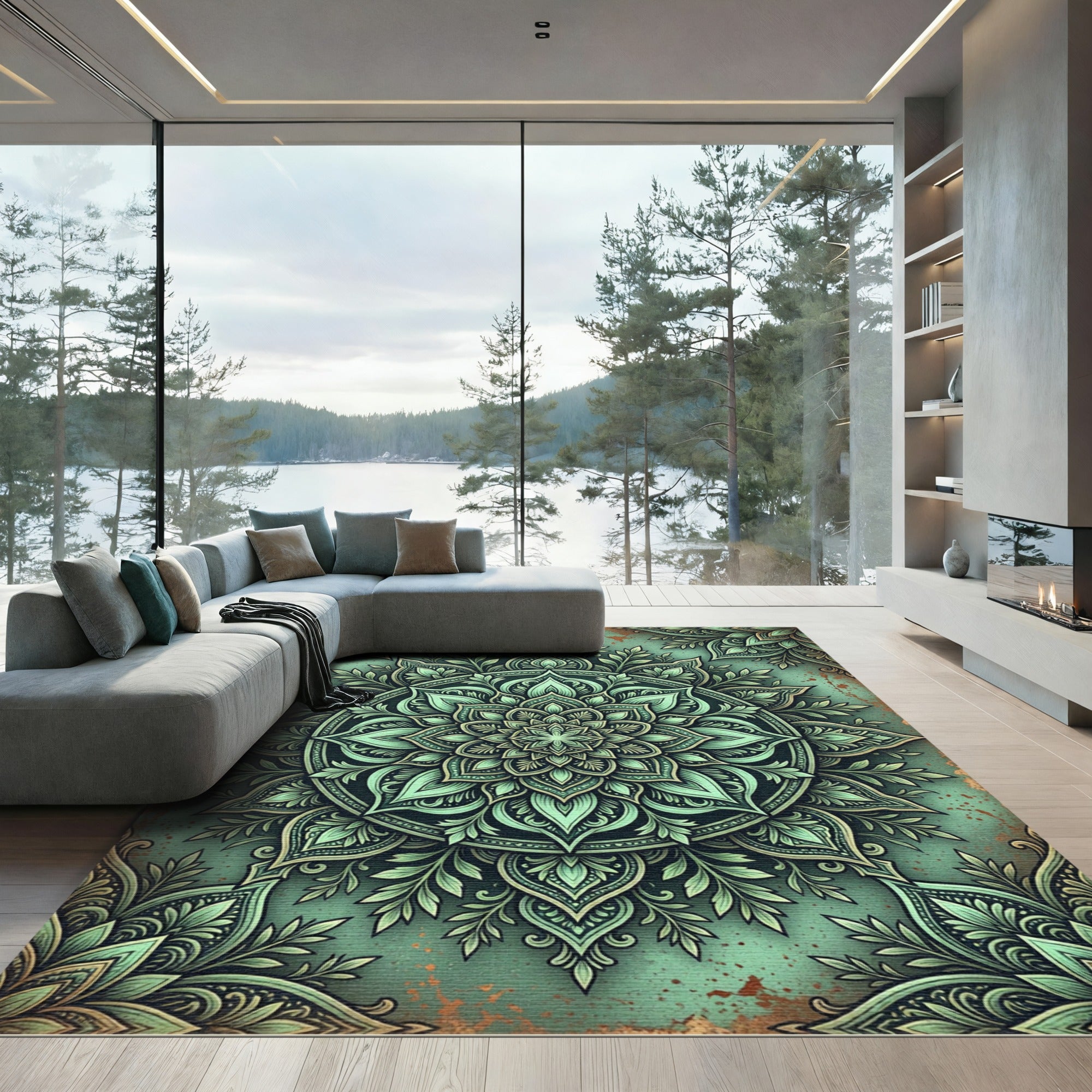 Emerald Foliage Mandala Botanical Art Rug