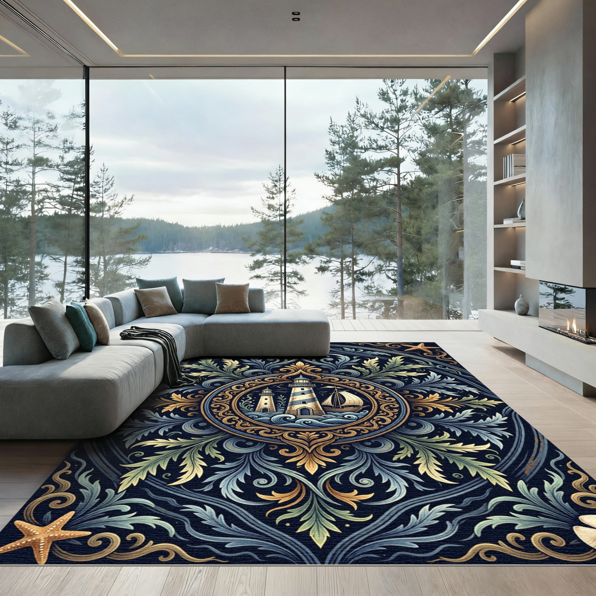 Coastal Nautical Lighthouse Ornate Medallion Rug