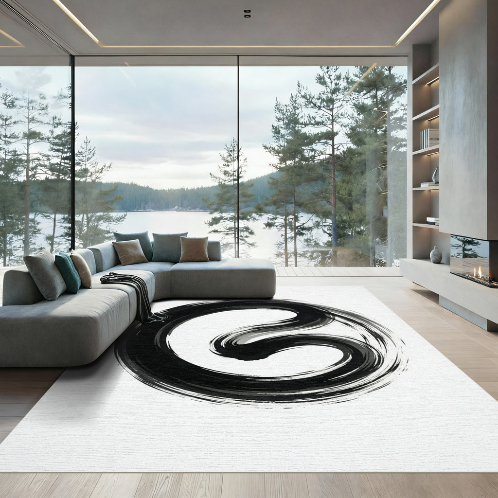 Black Ink Swirl Abstract Brushstroke Rug