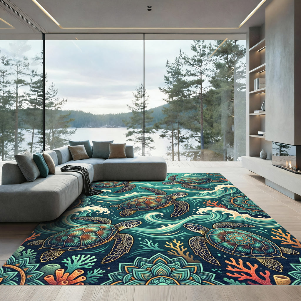 Sea Turtle Teal Coastal Wave Mandala Rug