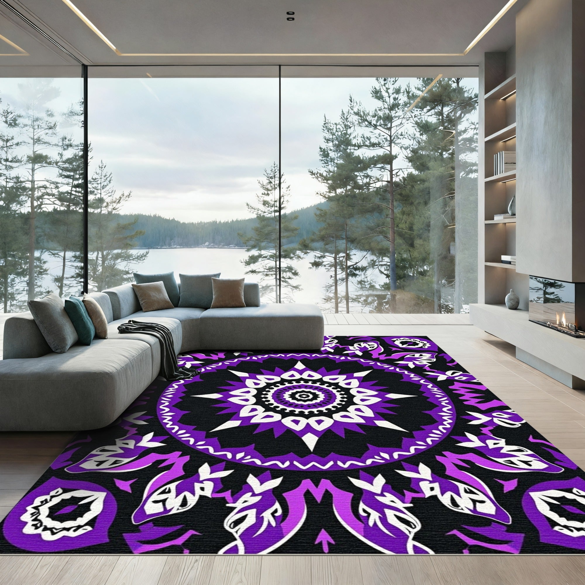 Vibrant Purple Black Medallion Mandala Rug