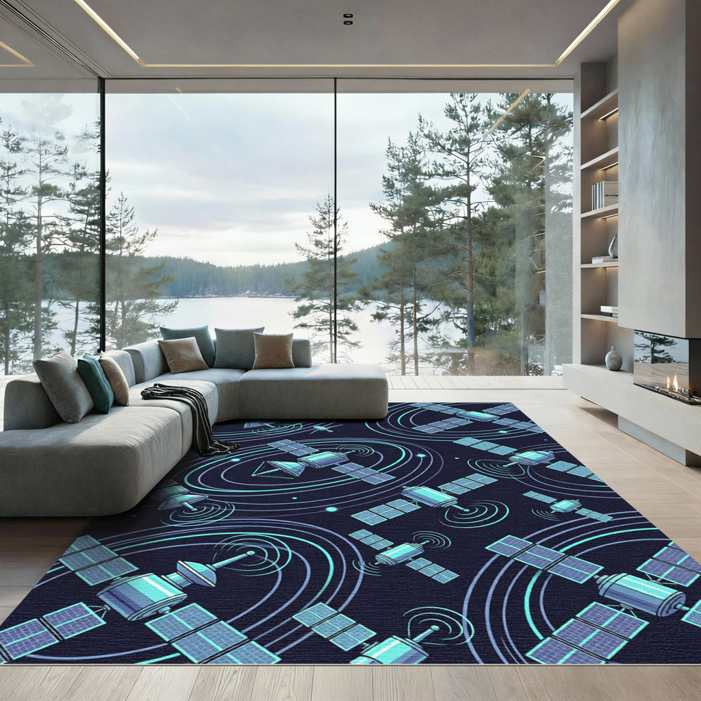 Cosmic Satellites Turquoise Orbit Pattern Rug