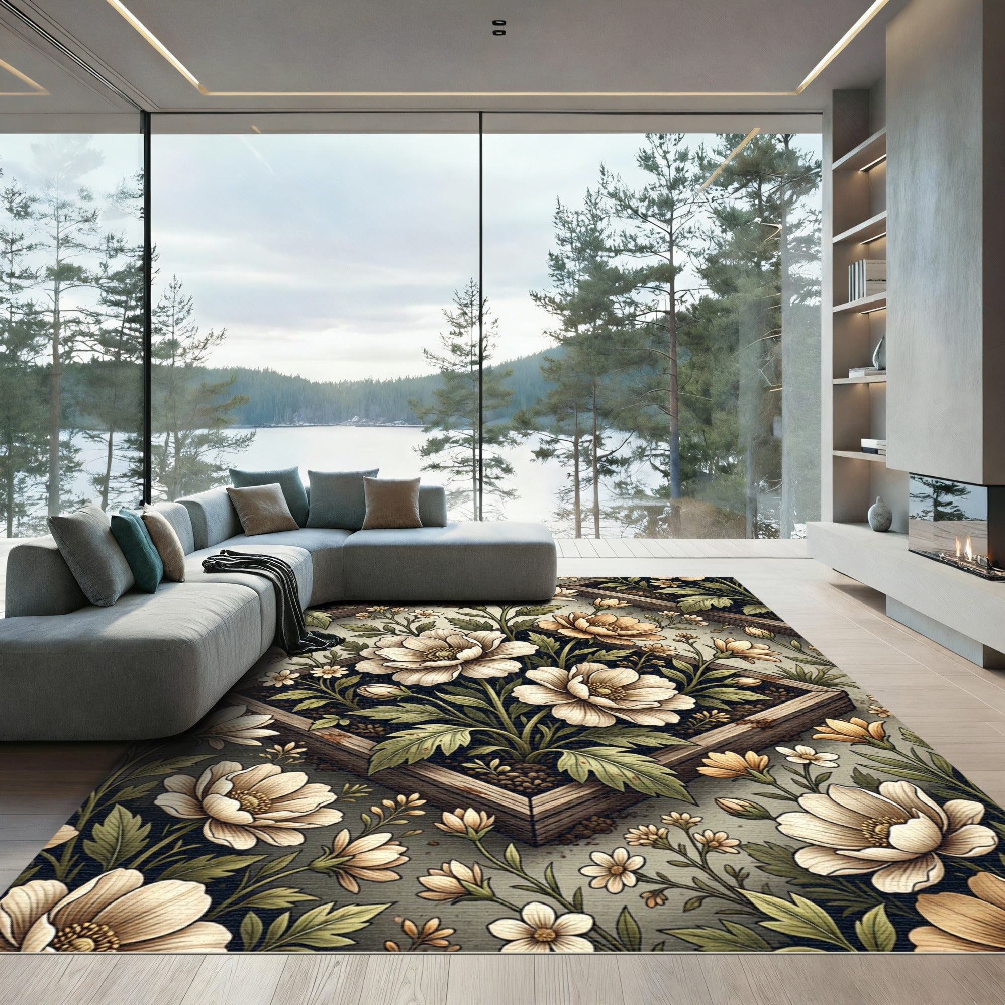 Elegant Cream Floral Frame Botanical Rug