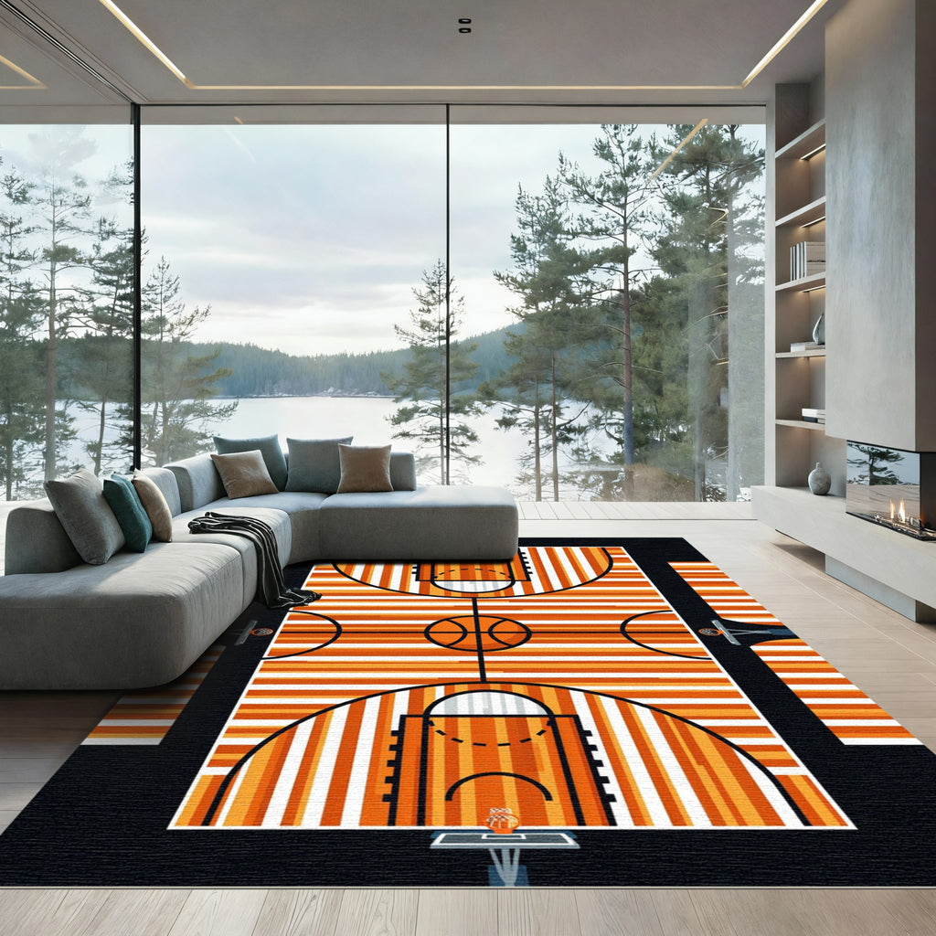 Abstract Tangerine Basketball Court Striped Art Rug