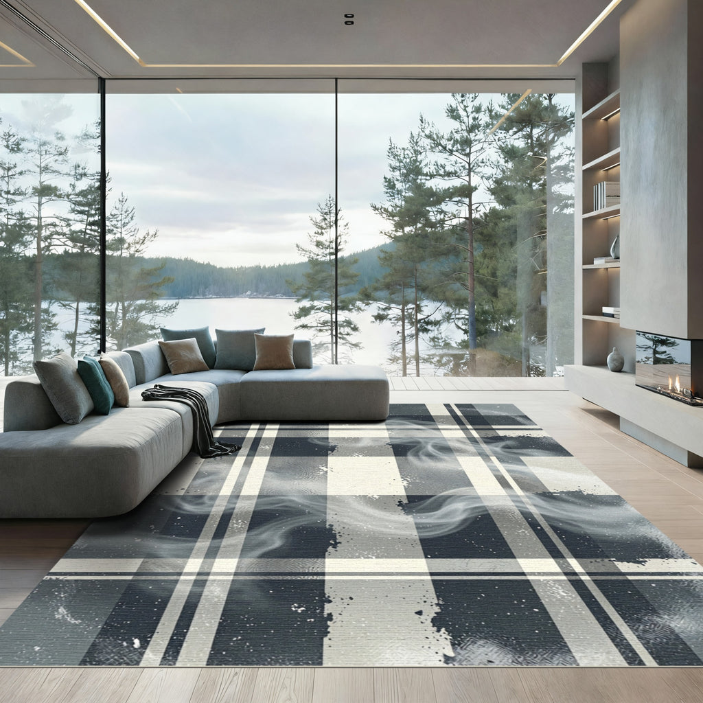 Smoky Charcoal Plaid Abstract Grid Rug