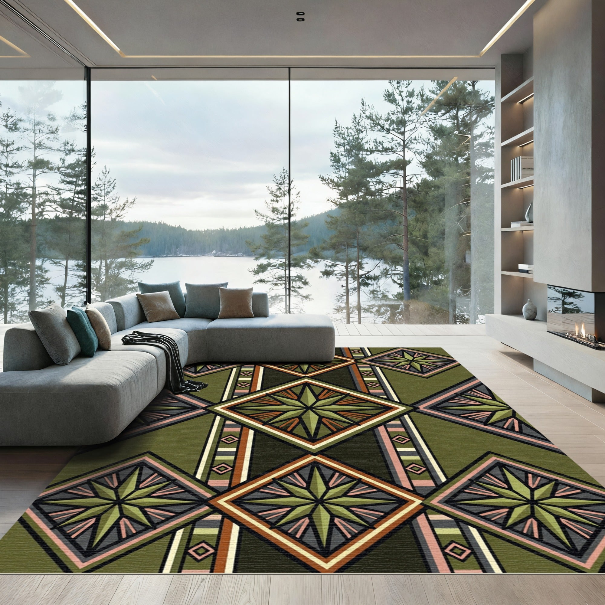 Olive Geometric Star Diamond Rug