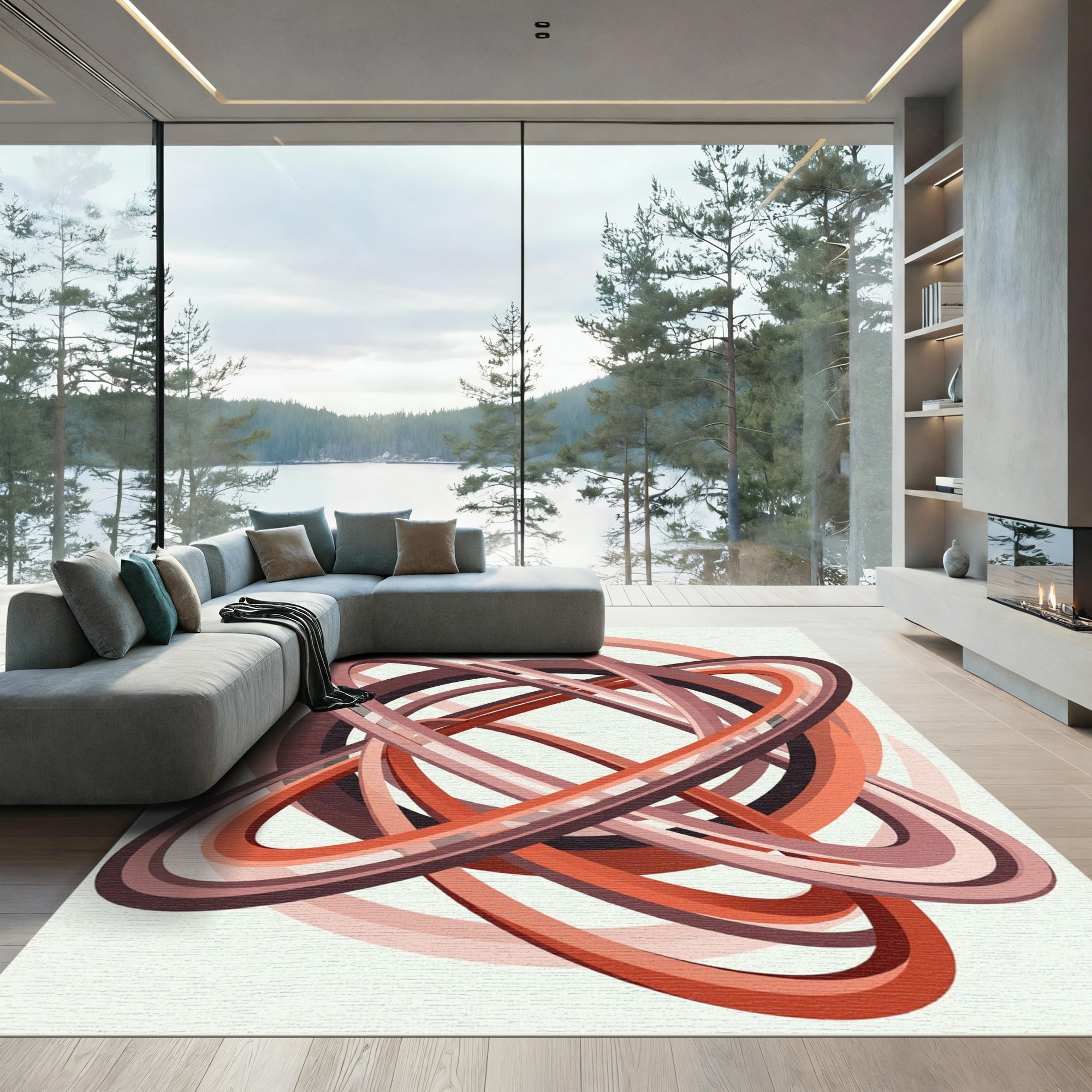 Crimson And Coral Intertwined Rings Rug