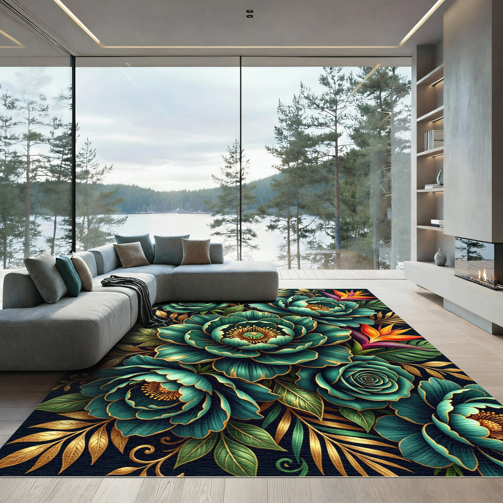 Emerald Lush Tropical Floral Burst Rug