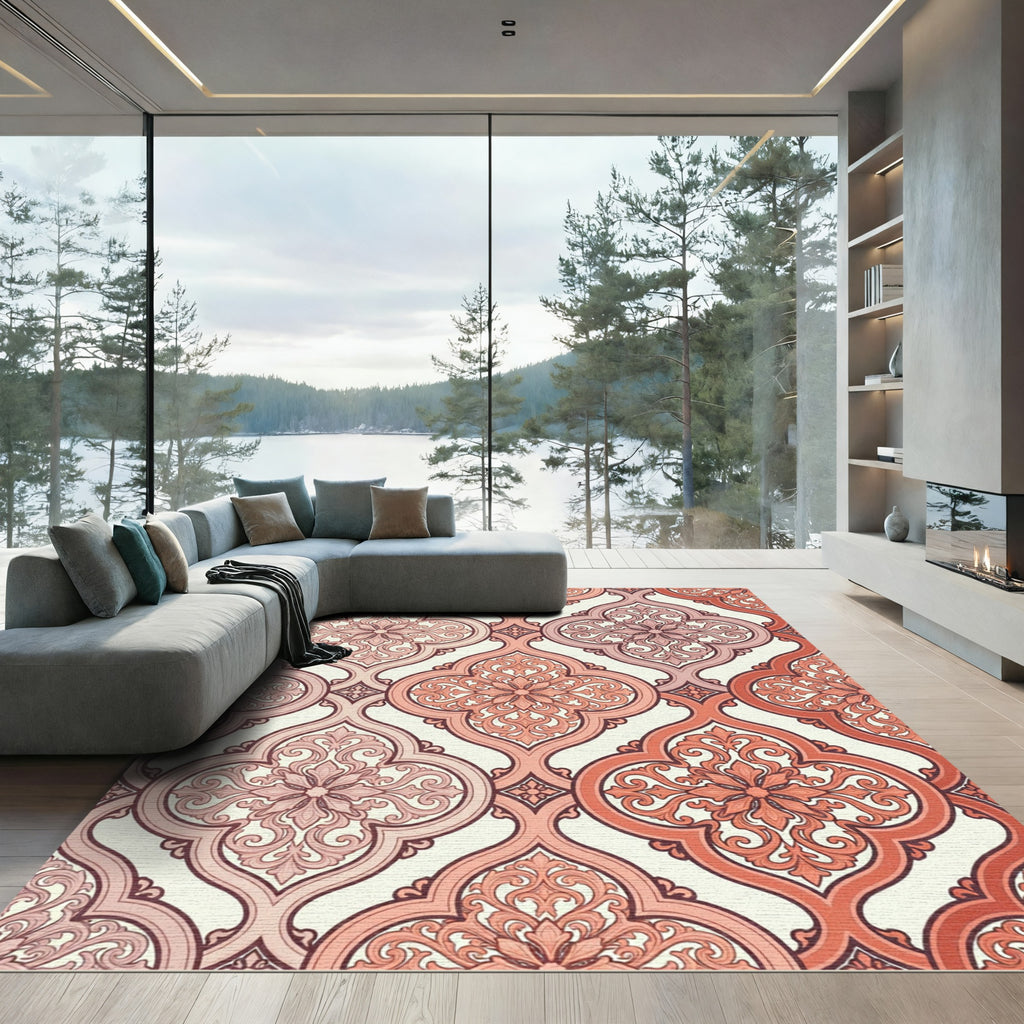 Coral Pink Quatrefoil Floral Scroll Rug