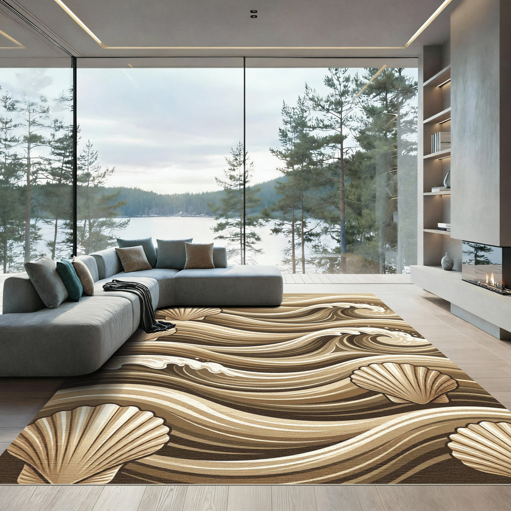Beige Scalloped Shell Coastal Wave Rug