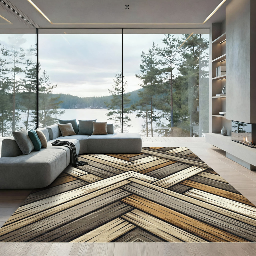 Wood Plank Interlocking Geometric Rug