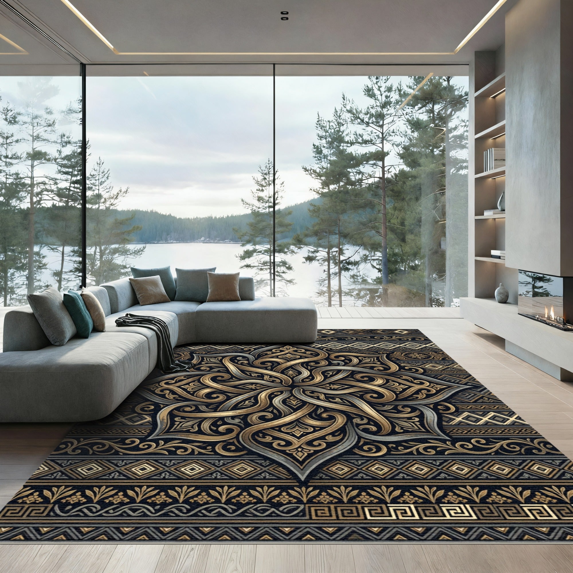 Ornate Gold Charcoal Floral Damask Rug