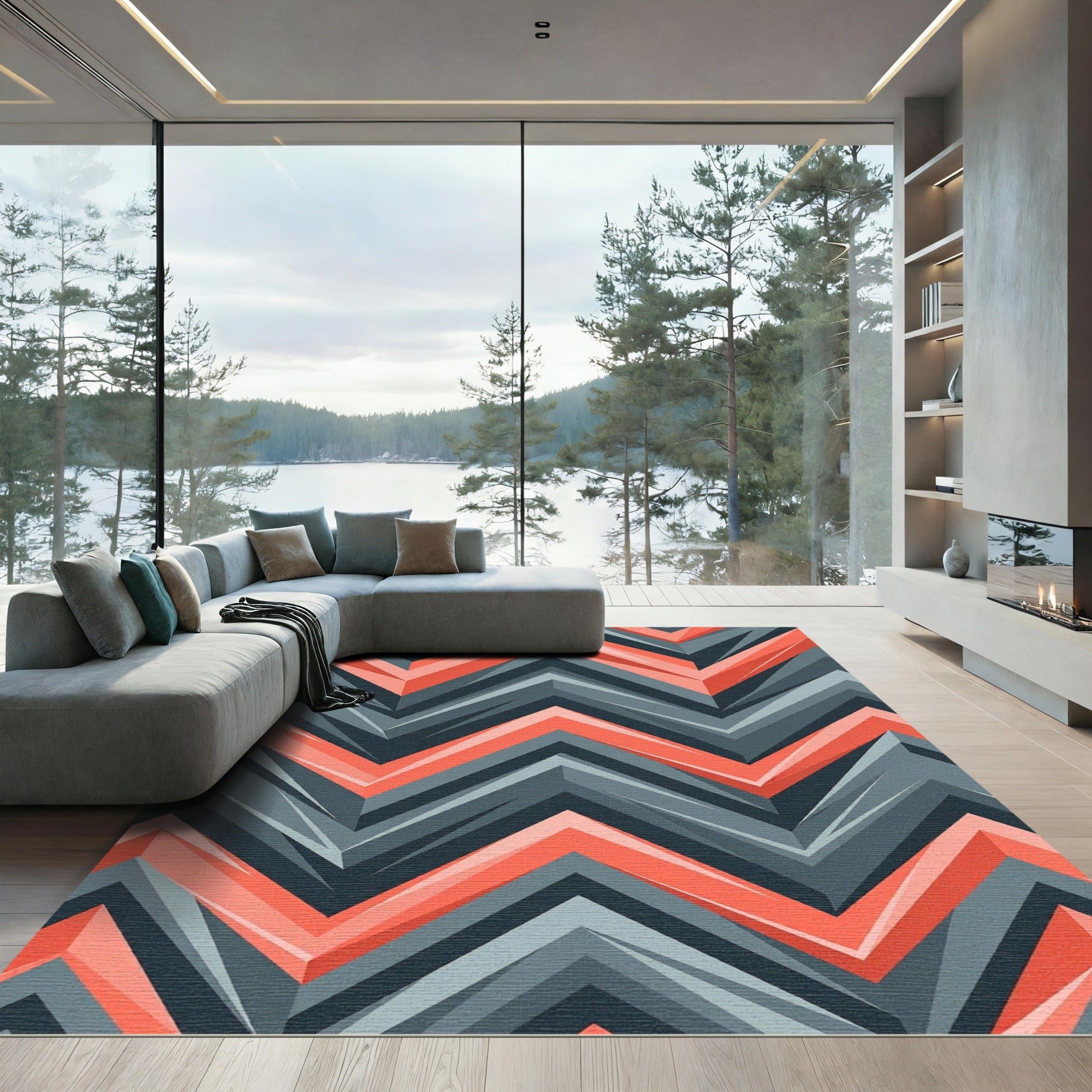 Geometric Coral and Slate Chevron Rug