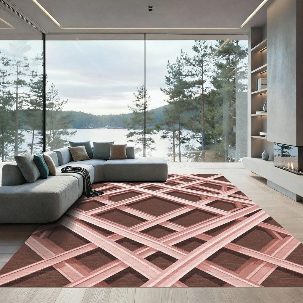 Blush Pink Intersecting Geometric Grid Rug