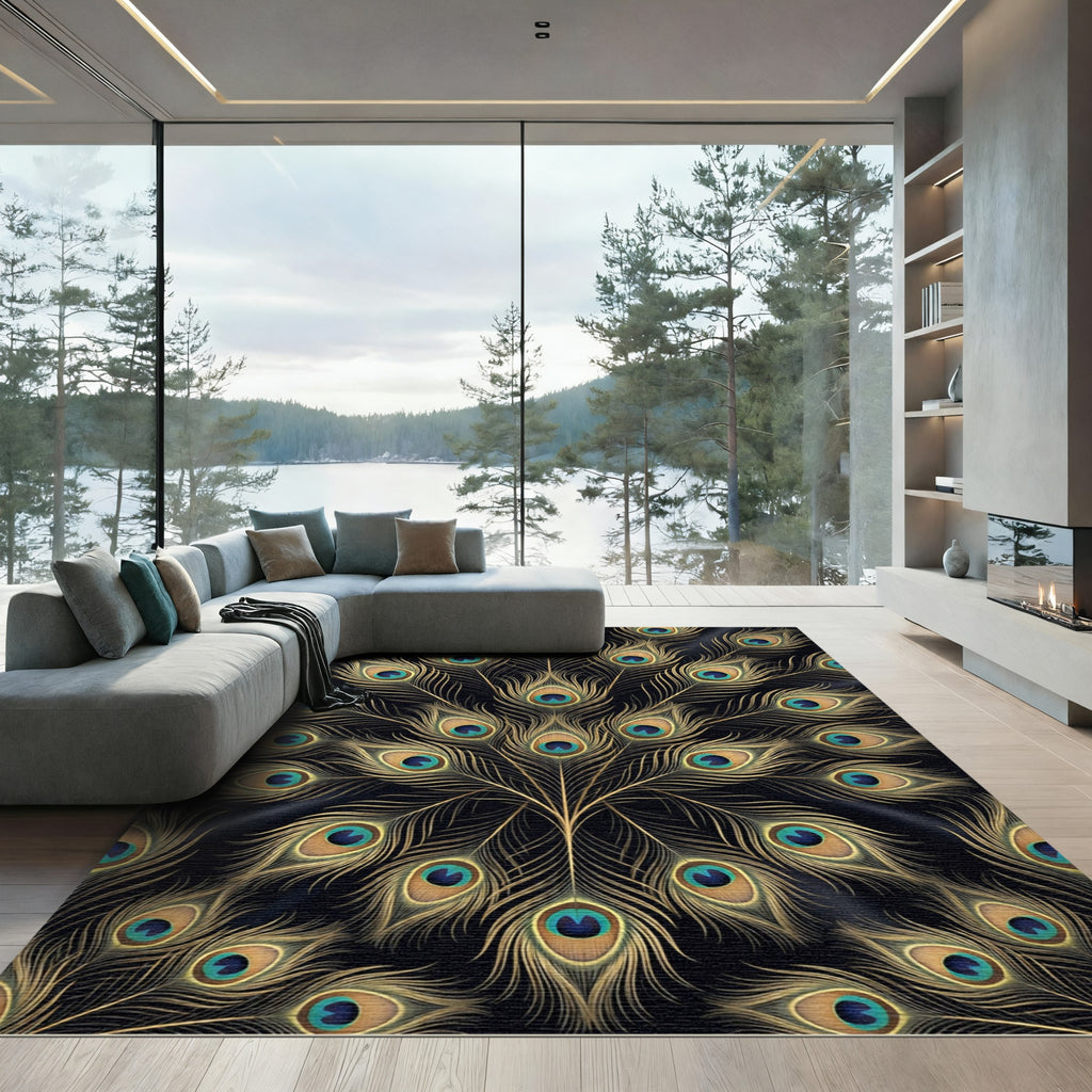 Elegant Golden Peacock Feather Luxury Rug