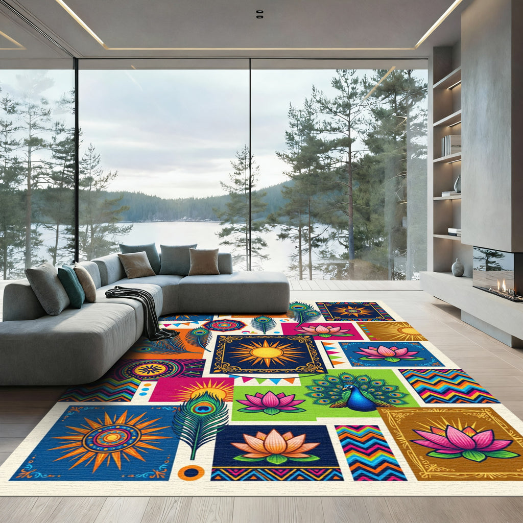 Vibrant Sun Lotus Peacock Mandala Rug