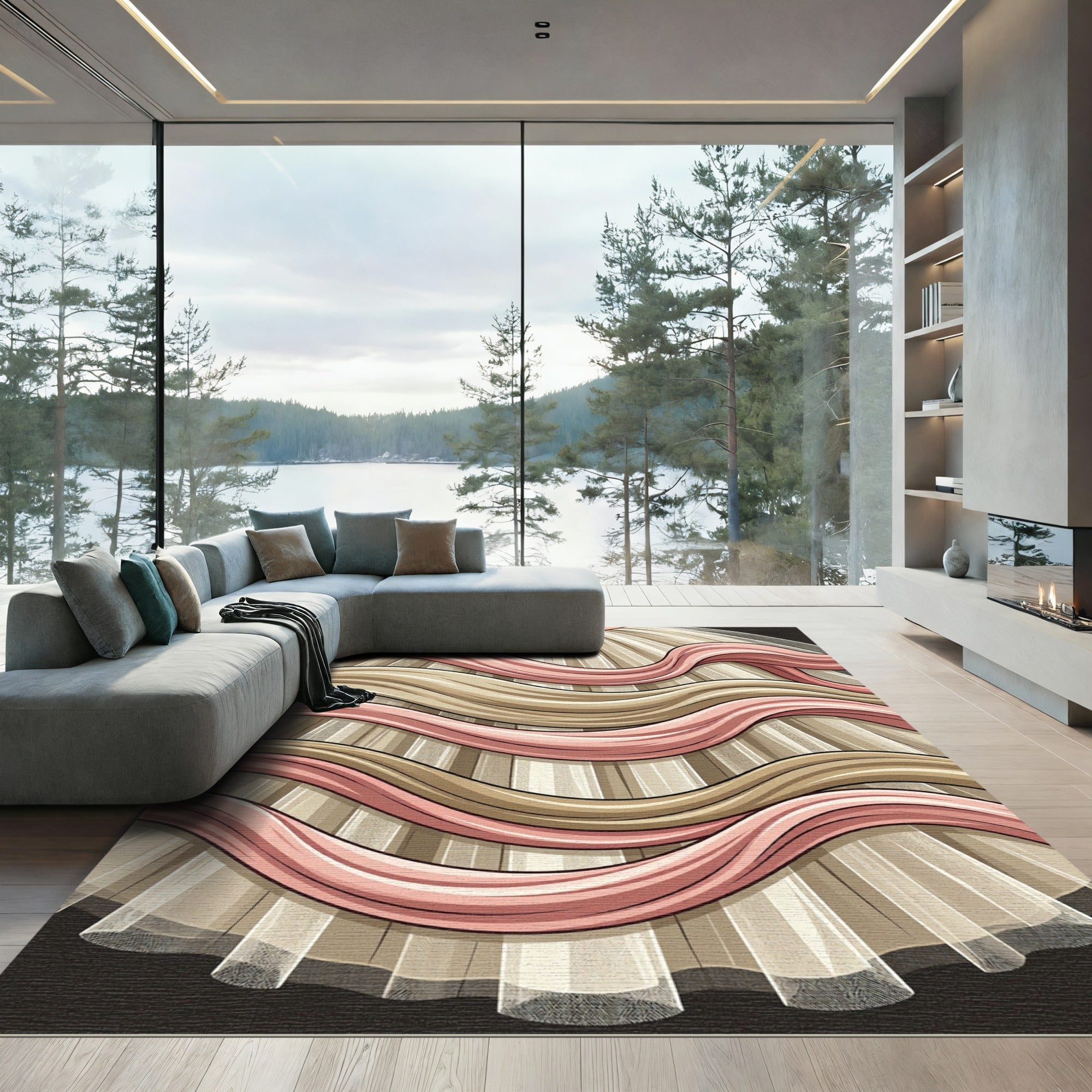 Cream and Rose Wavy Ribbon Rug