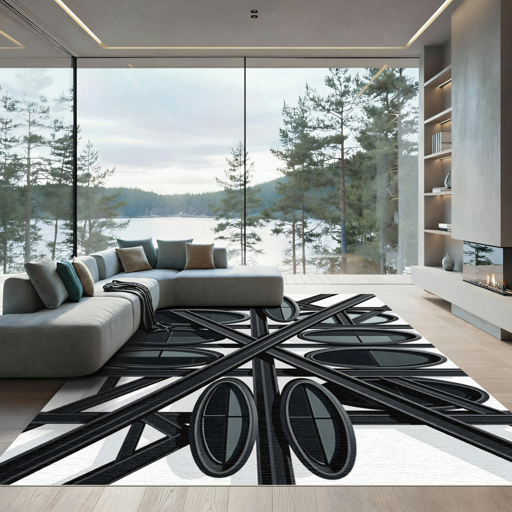Geometric Charcoal Oval Intersecting Lines Rug