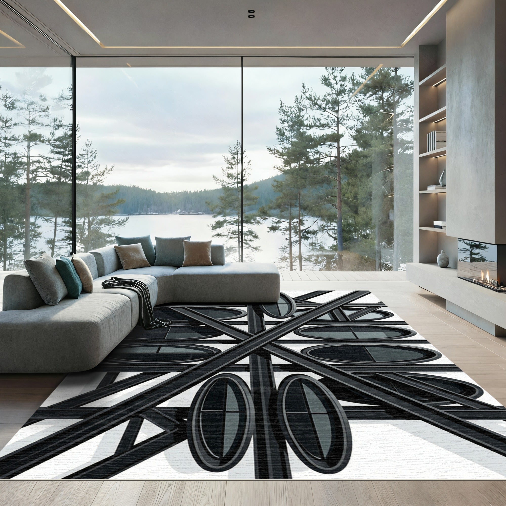 Geometric Charcoal Oval Intersecting Lines Rug