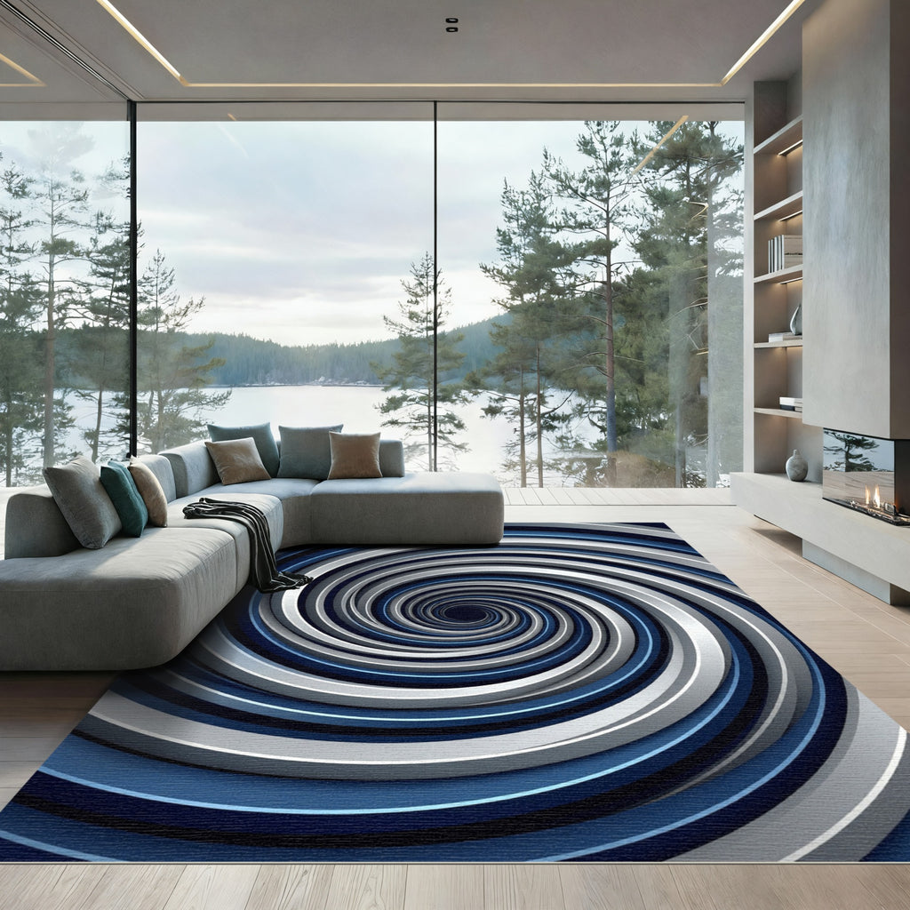Modern Navy and Silver Spiral Vortex Rug