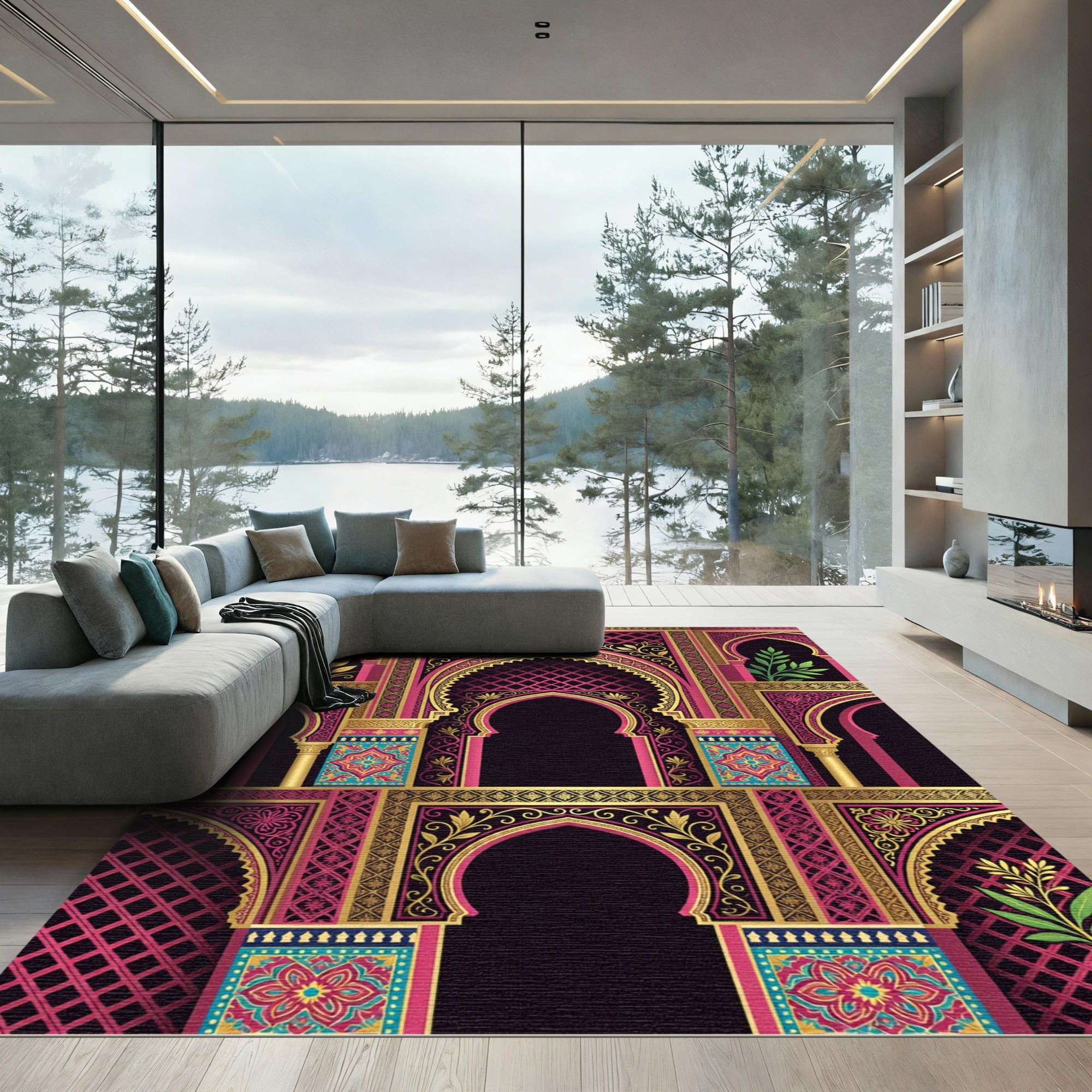 Ornate Magenta Gold Archway Floral Rug