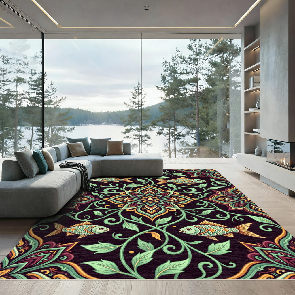 Earthy Floral Koi Ornamental Art Rug