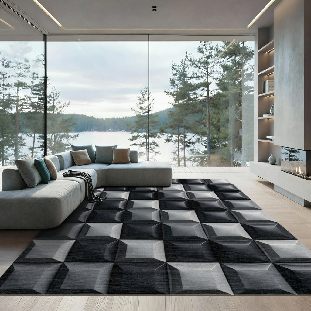 Modern Monochrome Geometric Square Grid Rug