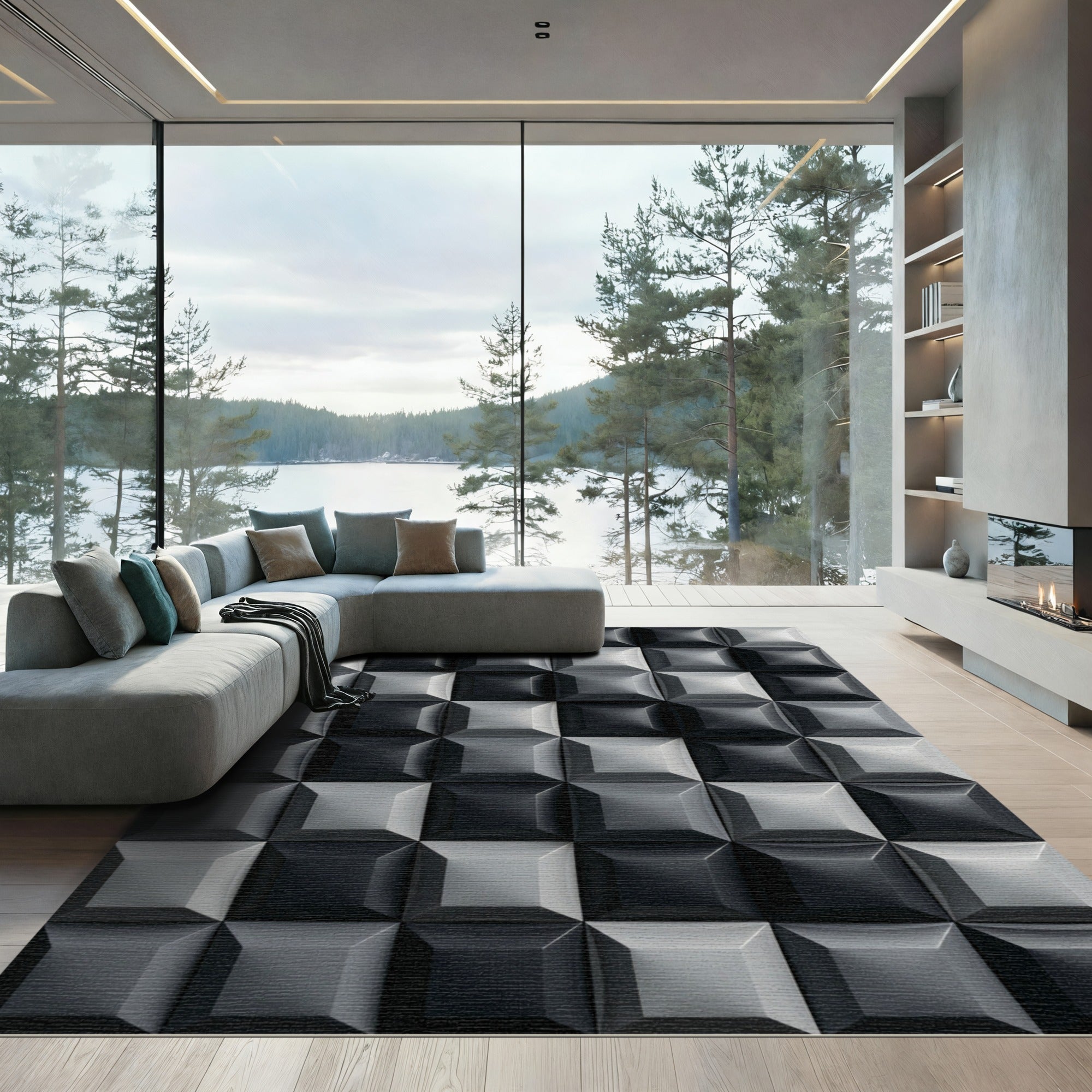 Modern Monochrome Geometric Square Grid Rug
