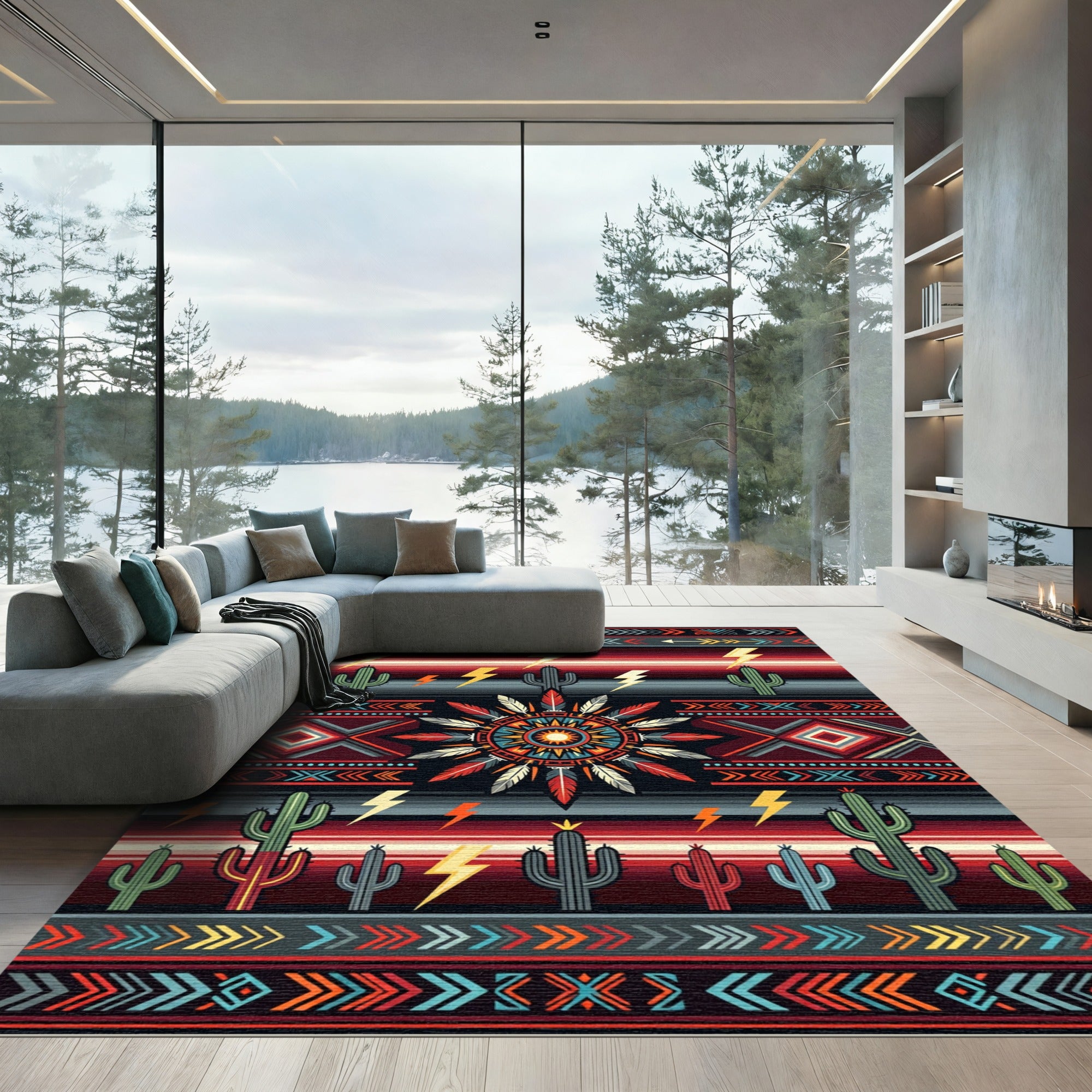 Southwestern Sunset Cactus Lightning Medallion Rug