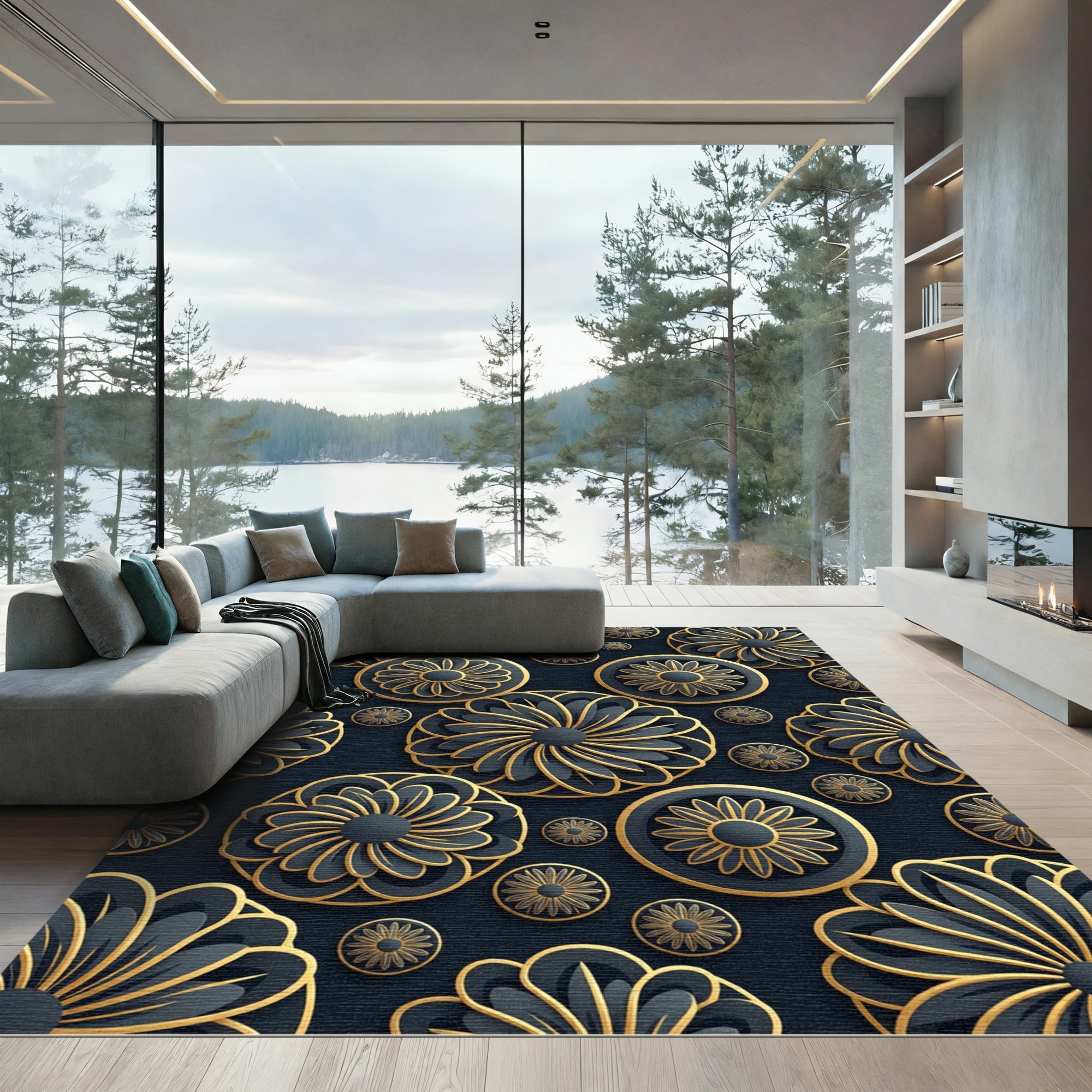 Gold Noir Floral Petal Medallion Rug