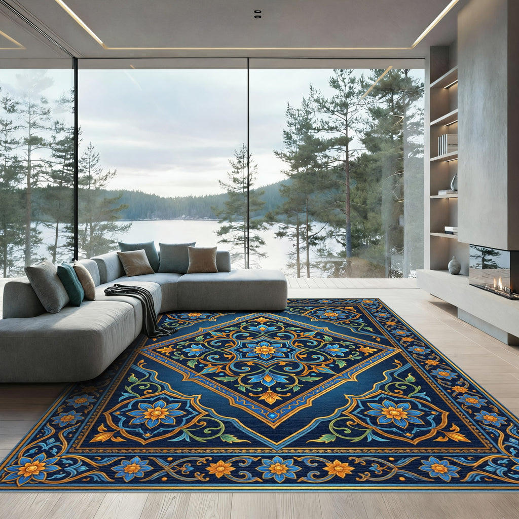 Royal Blue Golden Floral Diamond Medallion Rug
