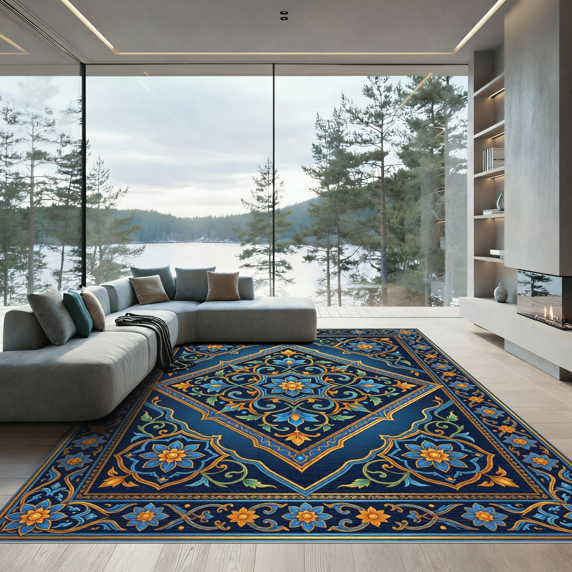 Royal Blue Golden Floral Diamond Medallion Rug