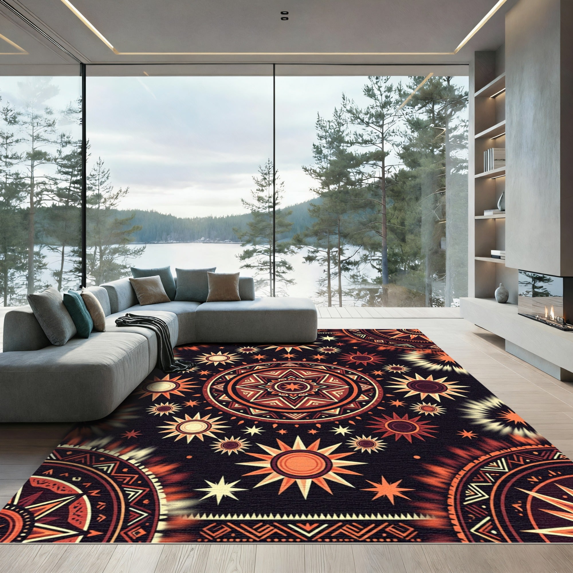 Earthy Celestial Sun Burst Mandala Rug