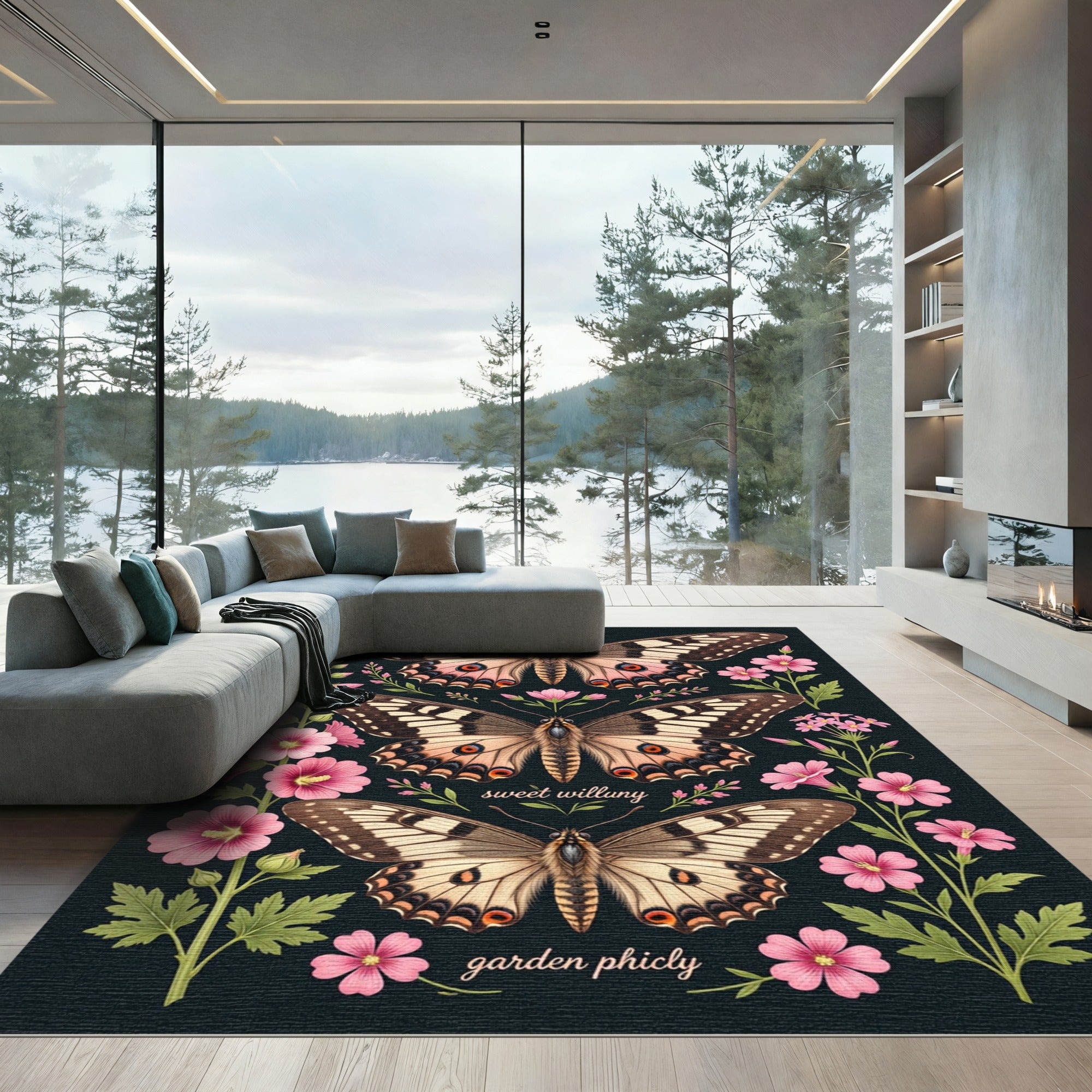 Botanical Butterfly and Pink Flower Composition Rug