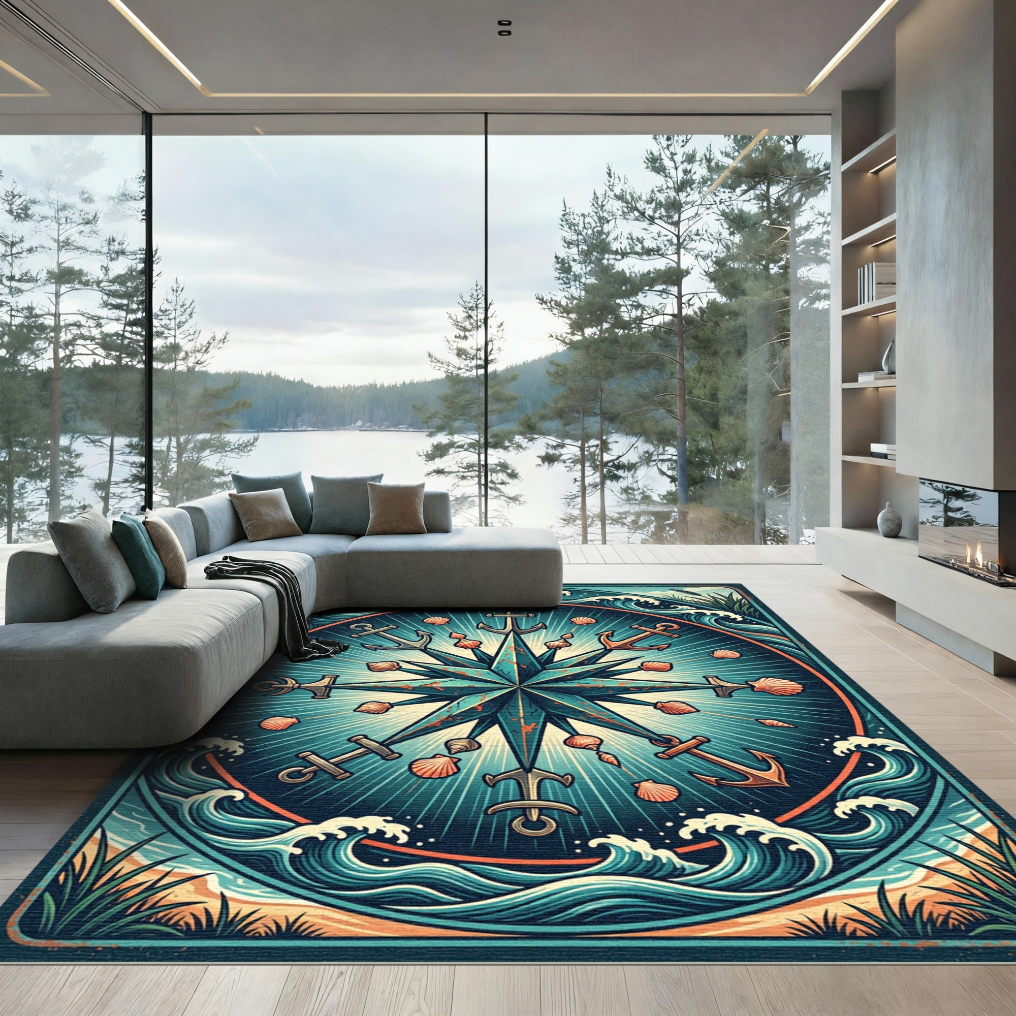 Nautical Compass Anchor Teal Ocean Wave Rug