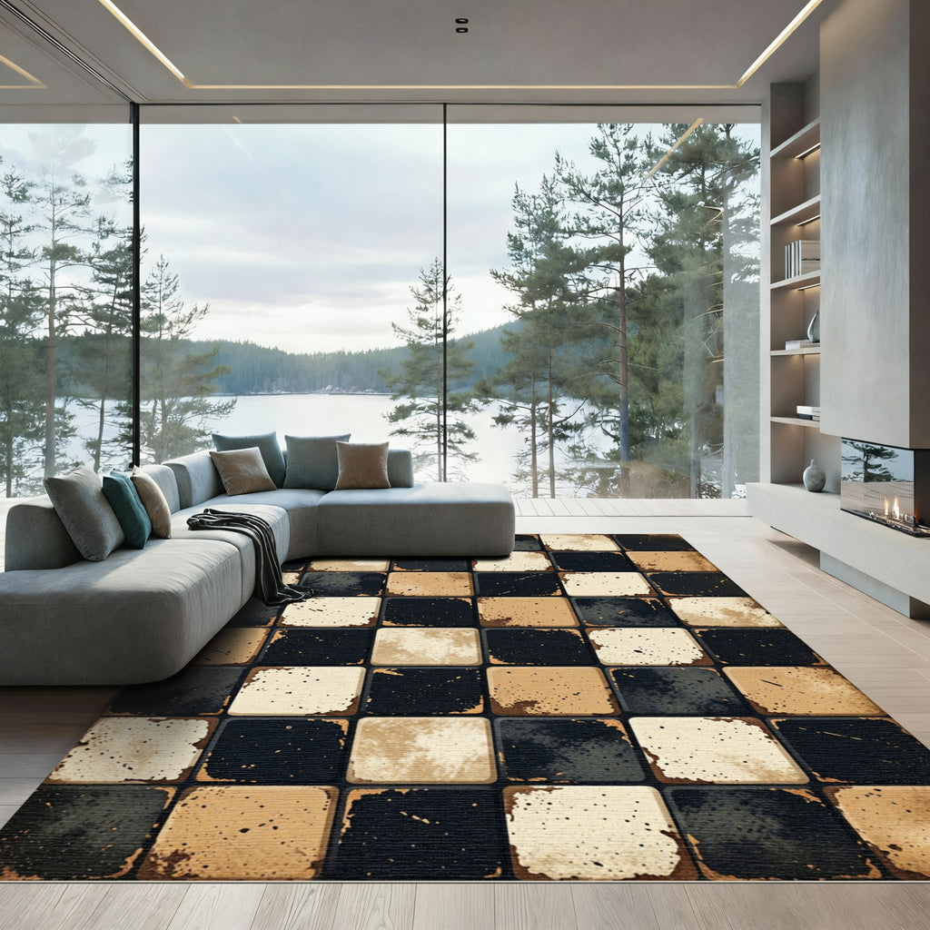 Distressed Black Tan Ceramic Tile Squares Rug