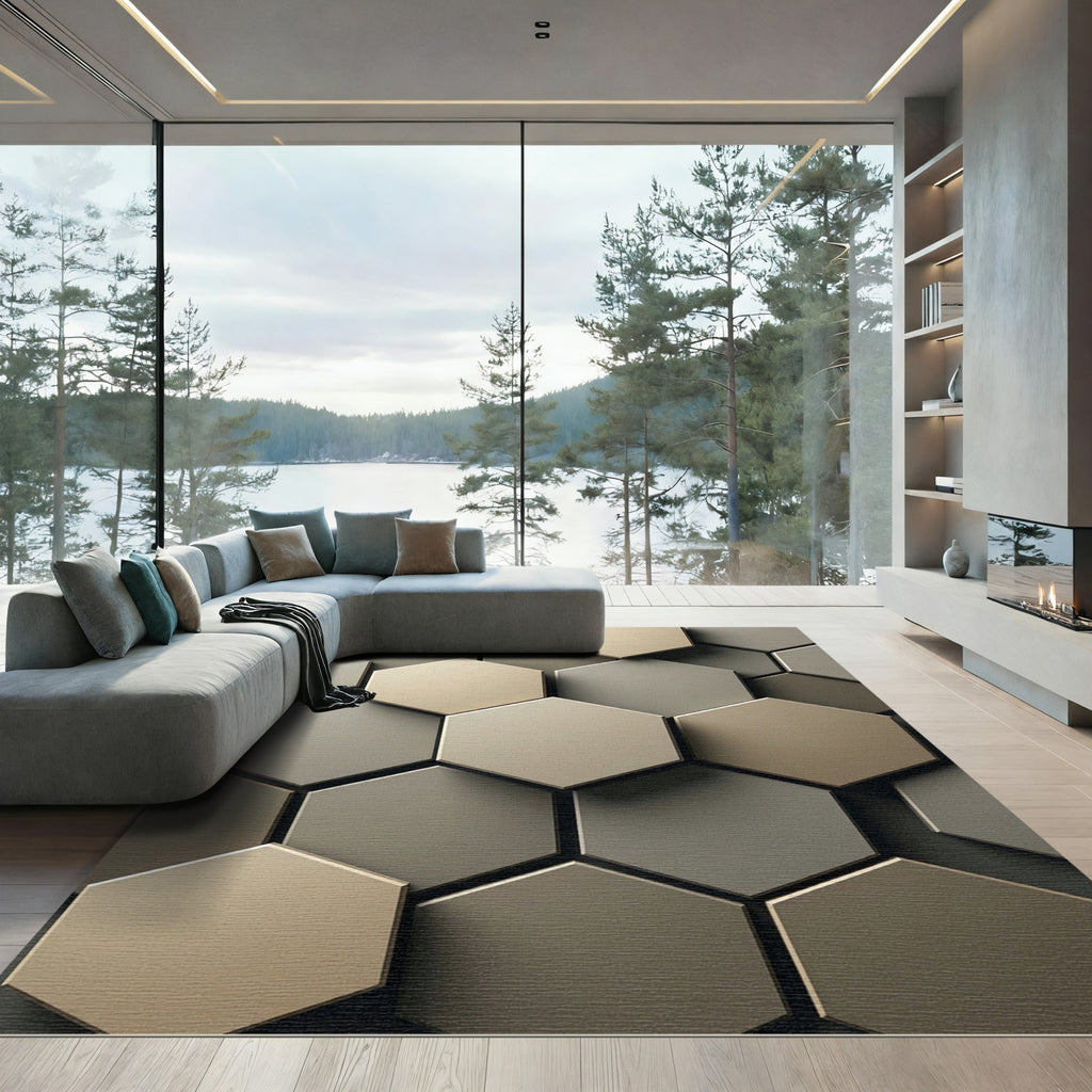 Neutral Geometric Hexagon Earth Tone Rug