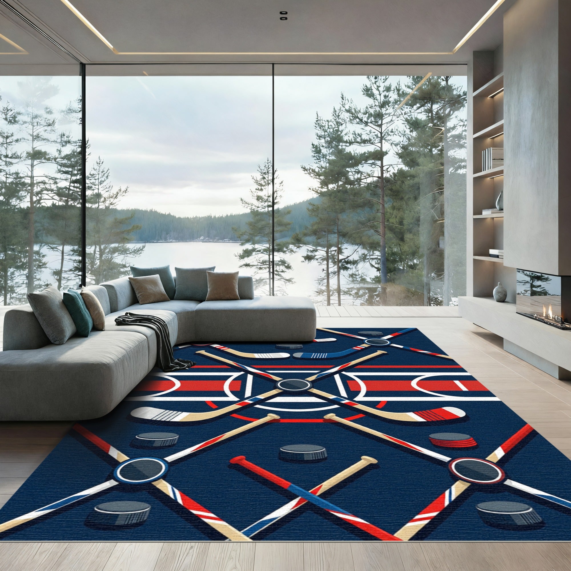 Geometric Navy Red Ice Hockey Abstract Rug