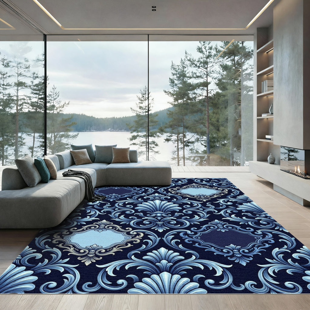 Elaborate Blue Victorian Scrollwork Rug