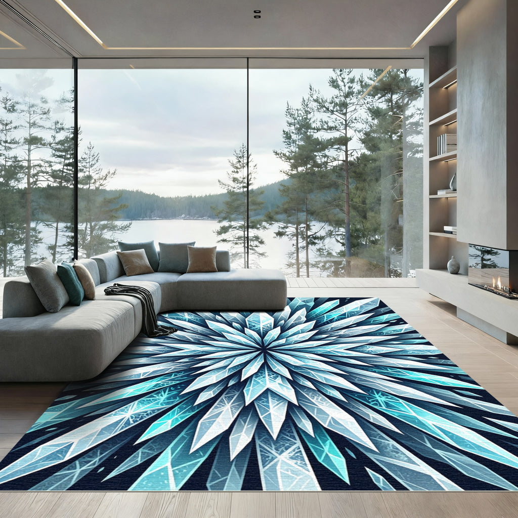 Radiant Ice Crystal Starburst Navy Blue Rug