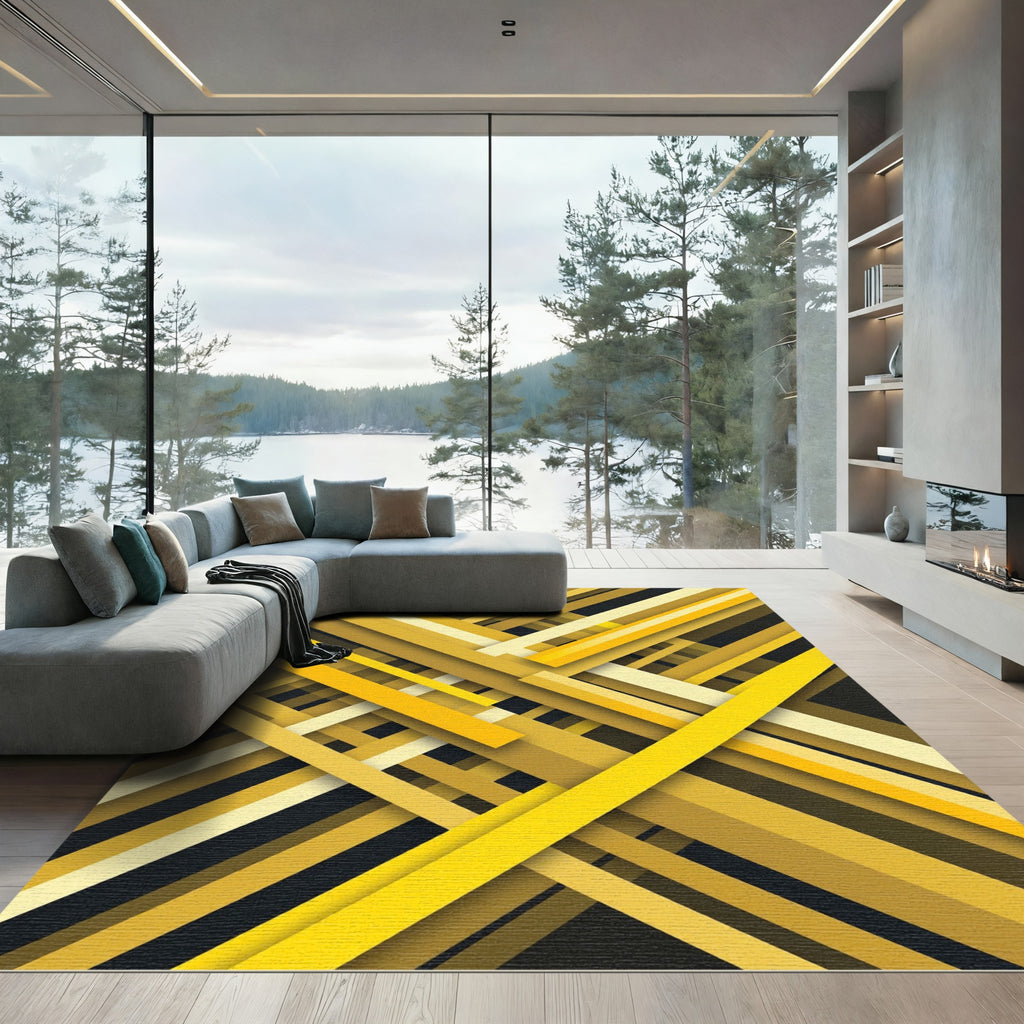 Golden Yellow Abstract Linear Geometric Rug