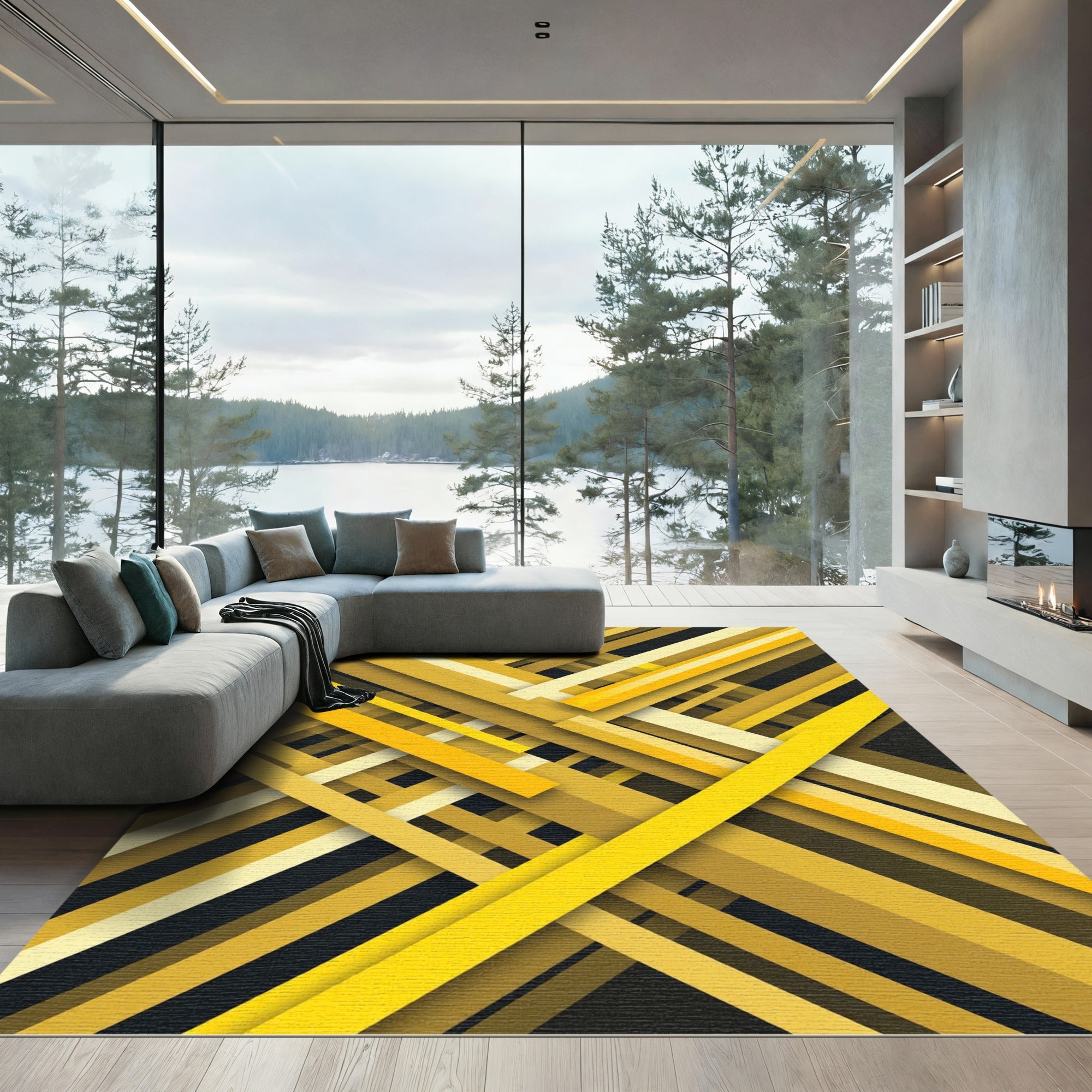 Golden Yellow Abstract Linear Geometric Rug