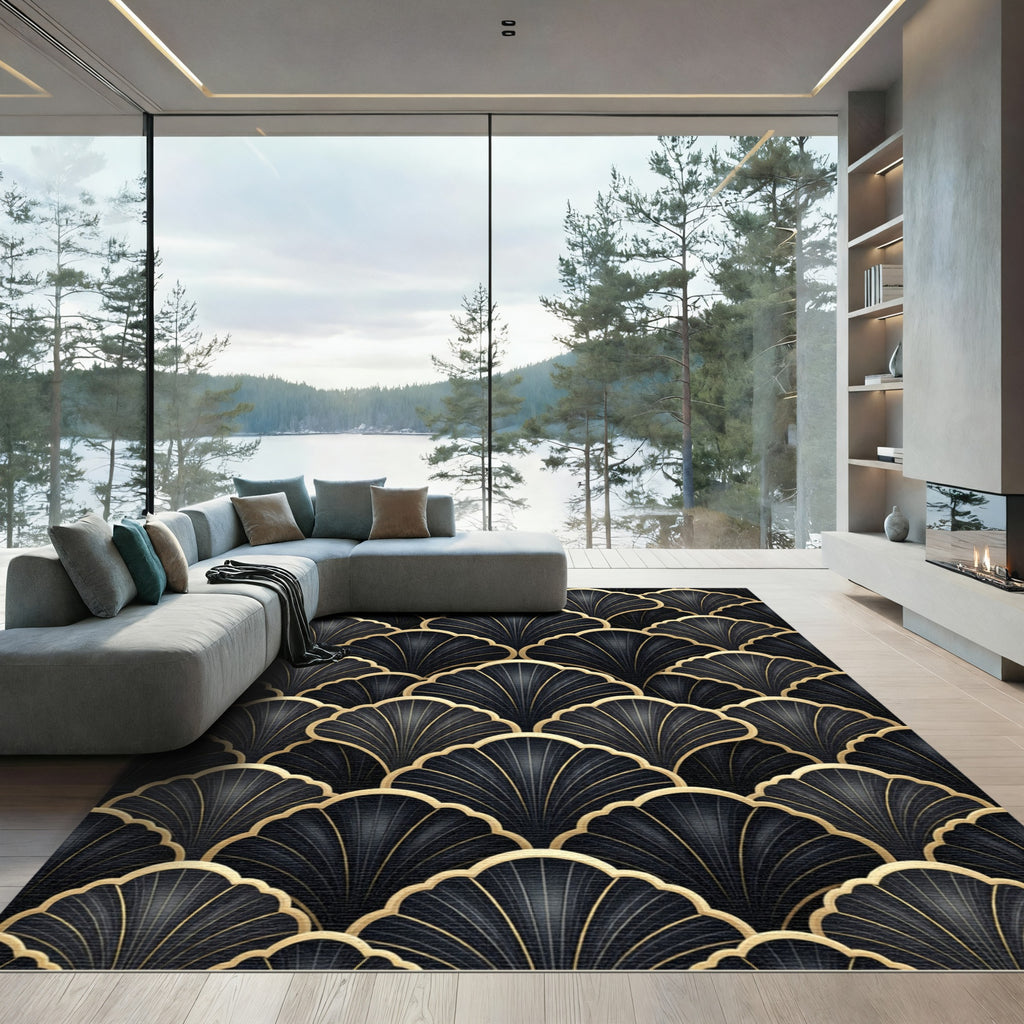 Black Gold Art Deco Shell Rug